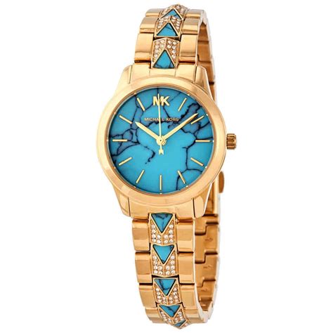 gold michael kors watch with turquoise face|mk runway watch.